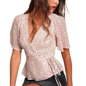 Lulu’s Destini Red Polka Dot Wrap Style Blouse Short Sleeve Top